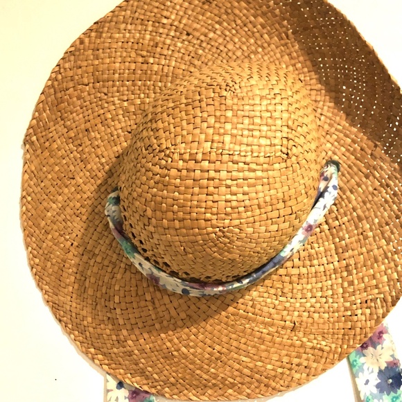 Vintage Country Farmhouse Gardening Decorative Straw Hat/Blue Floral Fabric Ties - Picture 4 of 4